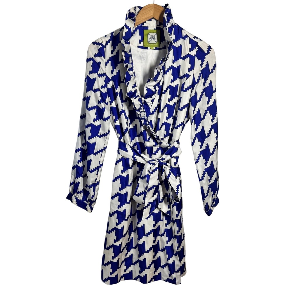 Elizabeth McKay Blue White Houndstooth Ruffle Wrap Dress Long Sleeve Size 4 Prep